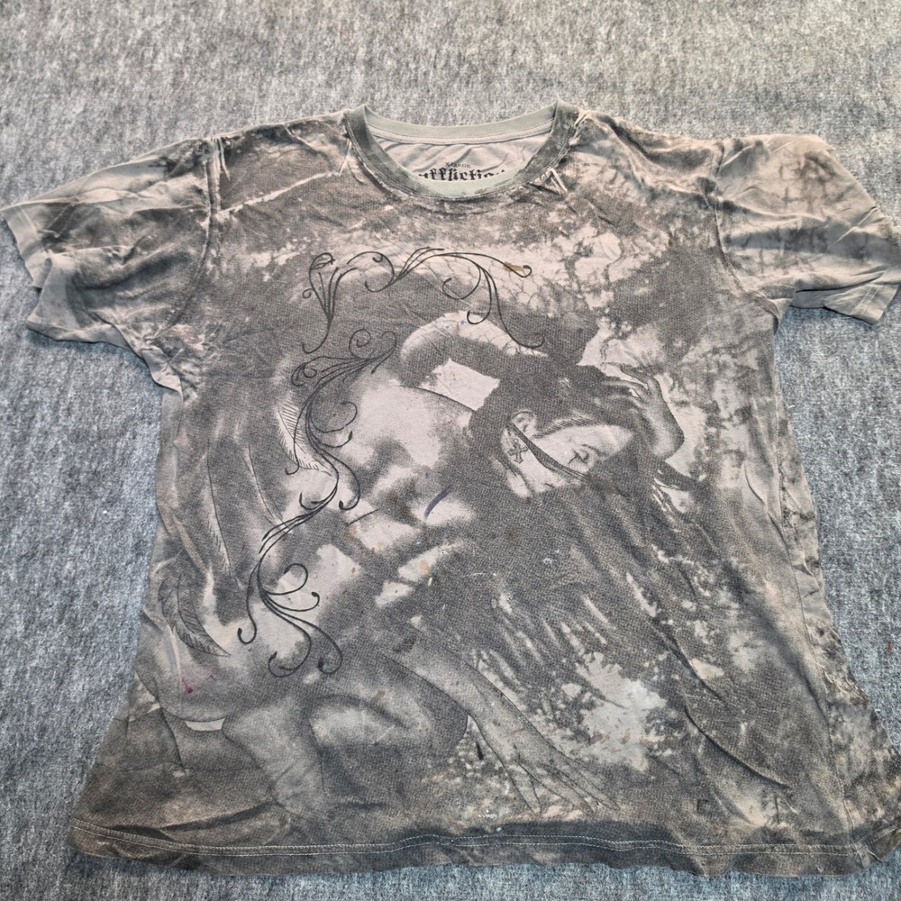 Affliction Bamboo Mens XL Grey Graphic T-Shirt Distressed Gothic Winged Figure
